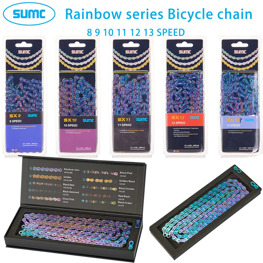 SUMC Bicycle chain 9/10/11/12 Speed 116/126L Rainbow Series Hollow Chain For MTB Road Bike With Missinglink Compatible Shimano