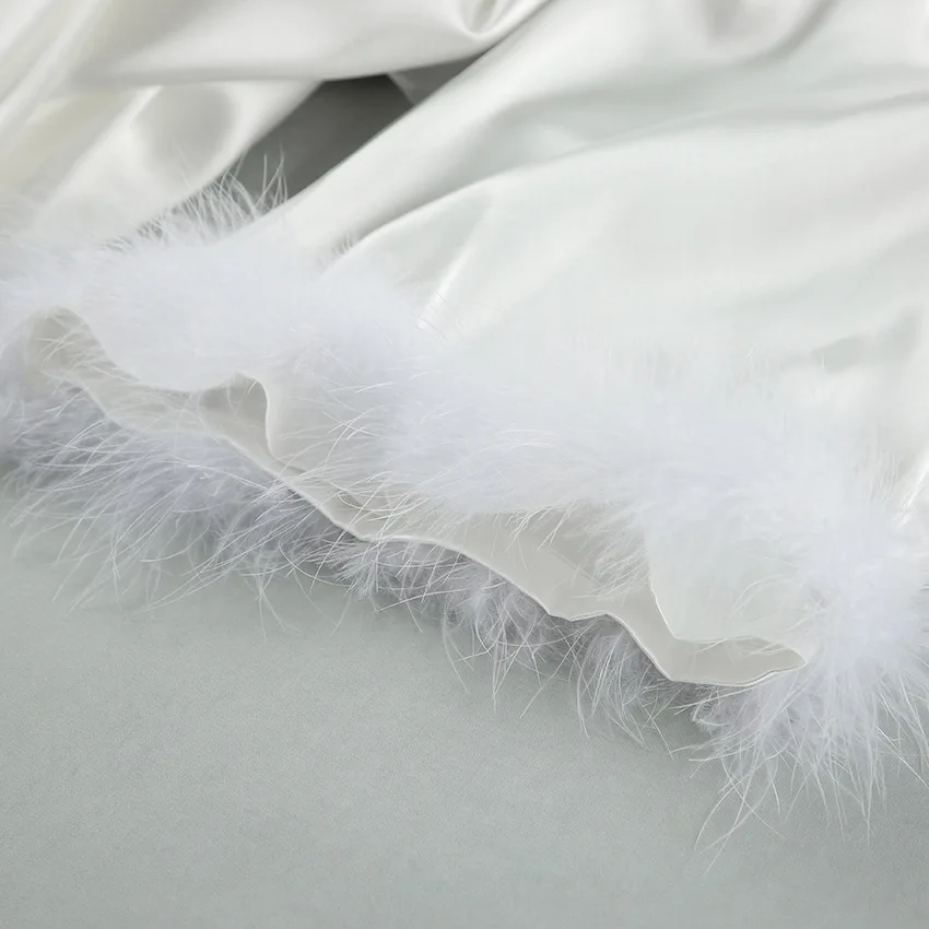 Long White Silk Robe Women Feather Peignoir Kimono Satin Femme Night Wear Bathrobe Sleepwear Nuisette Bata De Seda Para Mujer