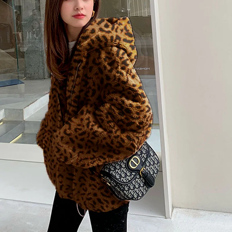 Furry Faux Fur Jacket Women Thick Hooded Warm Teddy Jacket 2023 Winter Casual Loose Short Coat Ladies Luxury Blended Fur Jackets