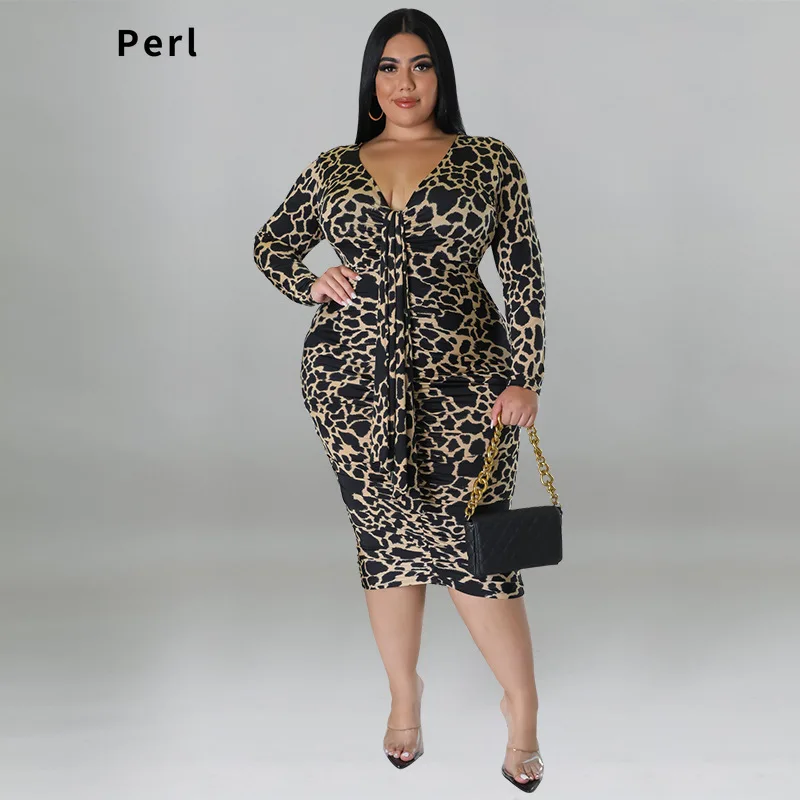 Perl Plus Size Leopard V-neck Dress Autumn Full Sleeve Curved Dresses Big Size Women Clothing Vintage Outfit Streetwear vestito
