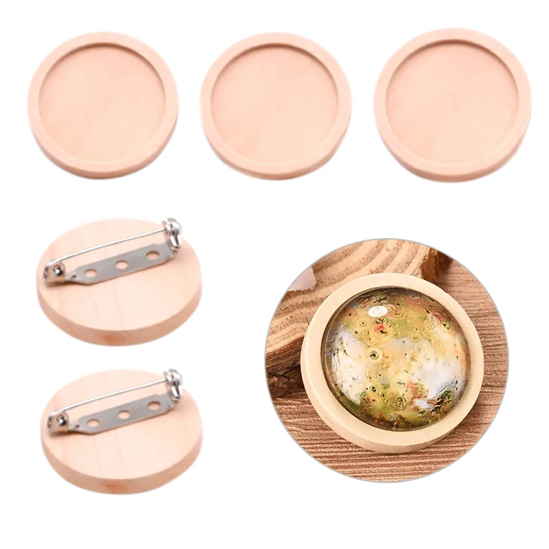 

5pcs Wood Cabochon Brooch Base Settings 20 25 30 40mm Dia Round Bezel Tray Diy Brooches Pin Backs for Jewelry Making
