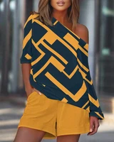 chicme women summer geometric print one shoulder solid shorts set 2022 fashion femme two pieces set