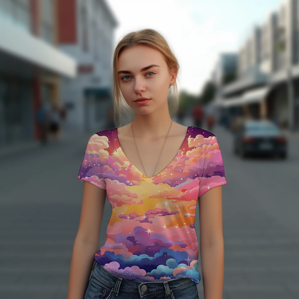 

Летняя женская простая и удобная футболка с V-образным вырезом, красочные облака, 3D печать, футболка, красивая и изысканная футболка с V-образным вырезом