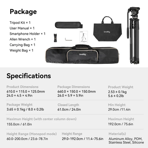 SmallRig CT-210 Профессиональный комплект штатива для видеокамеры Монопод с выравнивающим основанием Жидкостная головка для видеокамеры DSLR