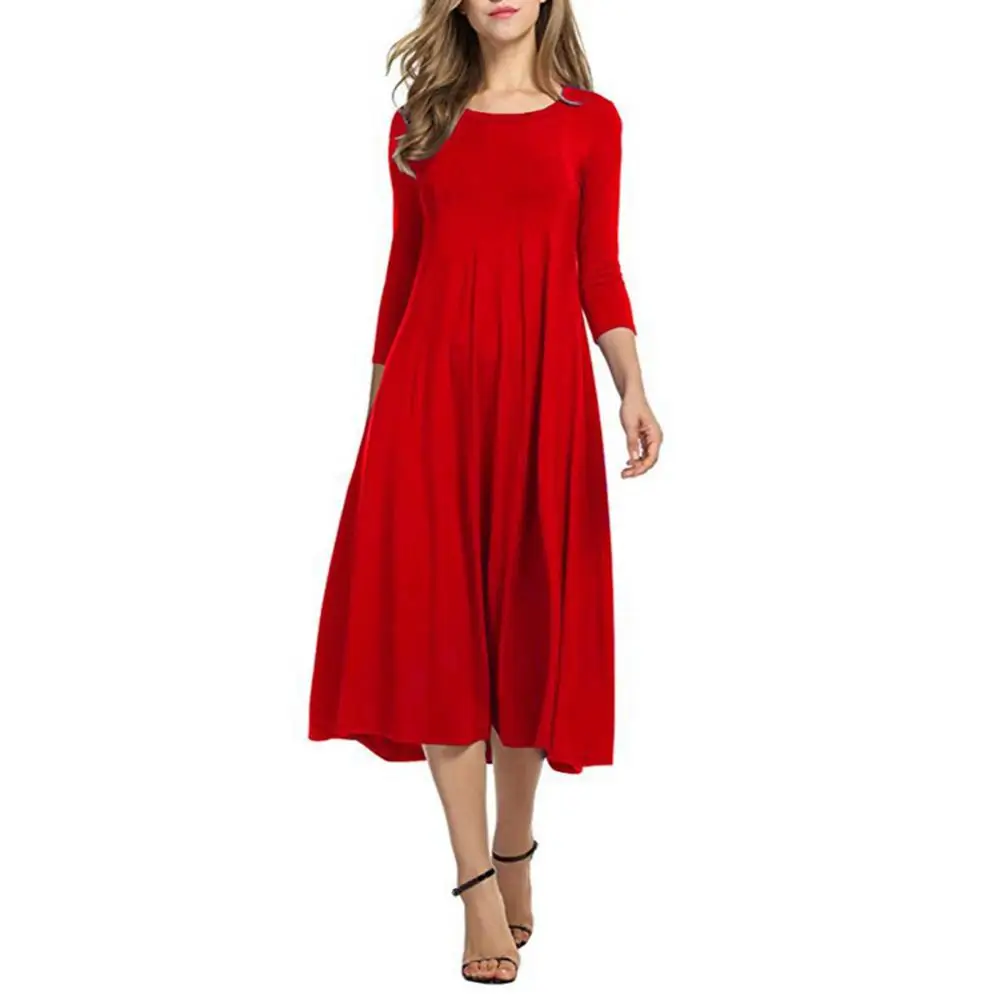 Tight Solid Color Casual 3/4 Sleeve Women Midi Dress O Neck Hot Waist Large Swing