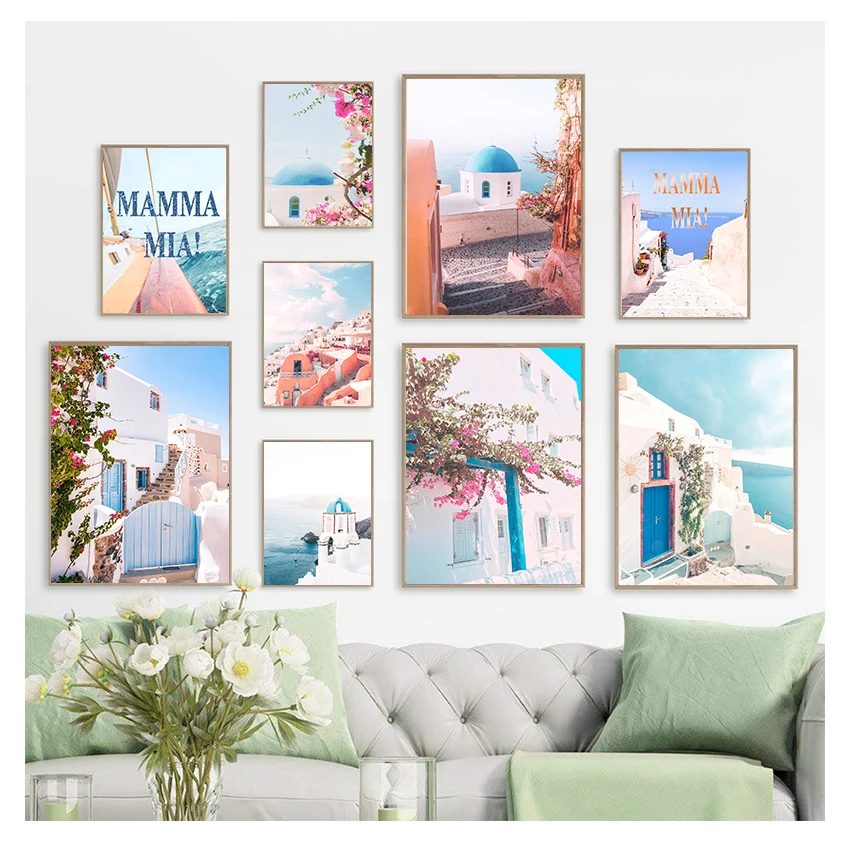 

Wall Art Canvas Painting Summer Greece Prints Mamma mia College Dorm Decor Santorini Greek island Travel Poster Minimalist