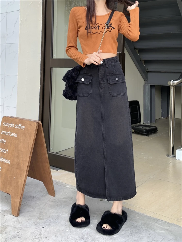 

Vintage Black Slit Mid-length Denim Skirt Women's Spring Autumn New Simple Pocket Straight A-line Long Skirt Female