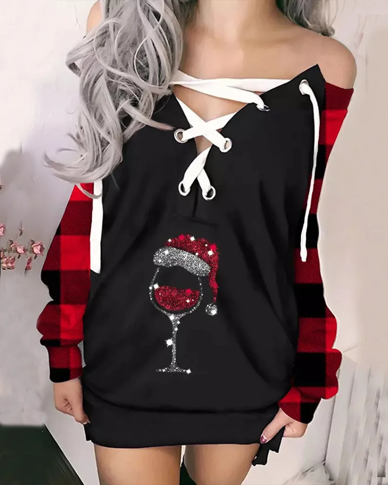 

Women Long Sleeve Fashion Casual Christmas Wine Glass Print Eyelet Lace-up Sweatshirt Dress Hoodies Sweatshirts Autumn Winter