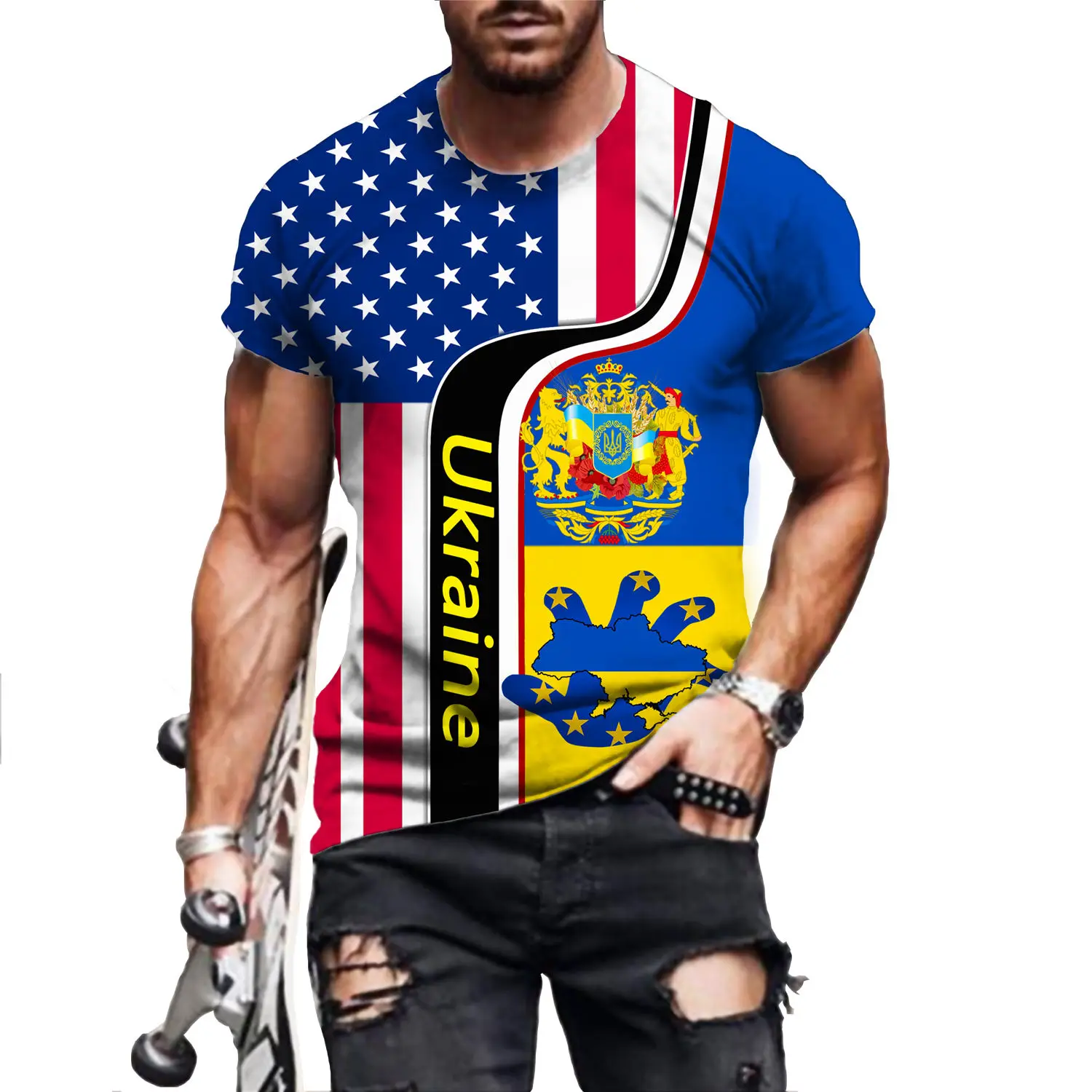 

Newest Fashion Men's 3d Printing Ukraine Flag T-shirt Retro America Flag Harajuku Round Neck Tee Casual Personality Loose Tops