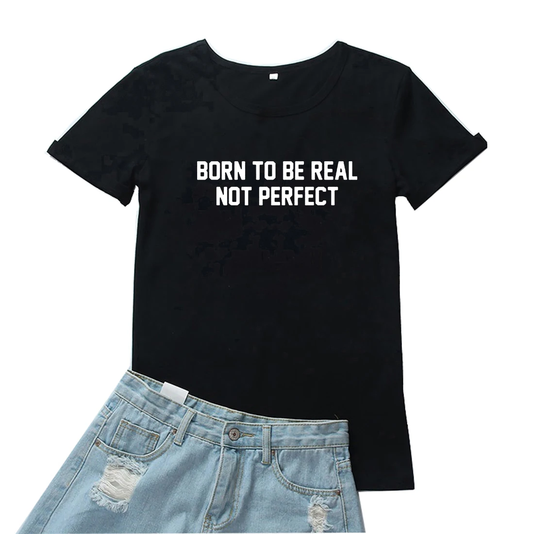 Футболка женская Свободная с круглым вырезом и надписью Born To Be Real Not Perfect |