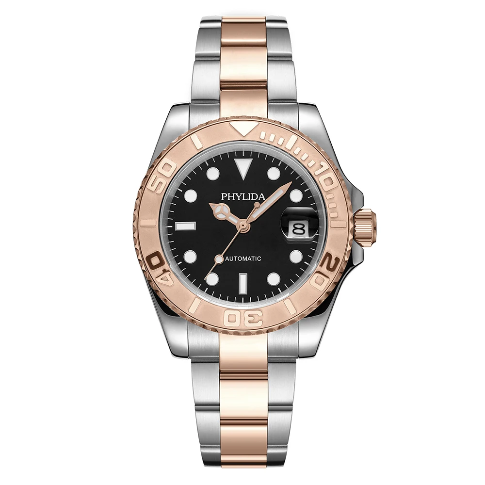 

PHYLIDA 40mm Men's Yacht Style Watch Rose Gold MIYOTA Automatic Mov't Sapphire Crystal Ceramic Bezel Insert 100m WR