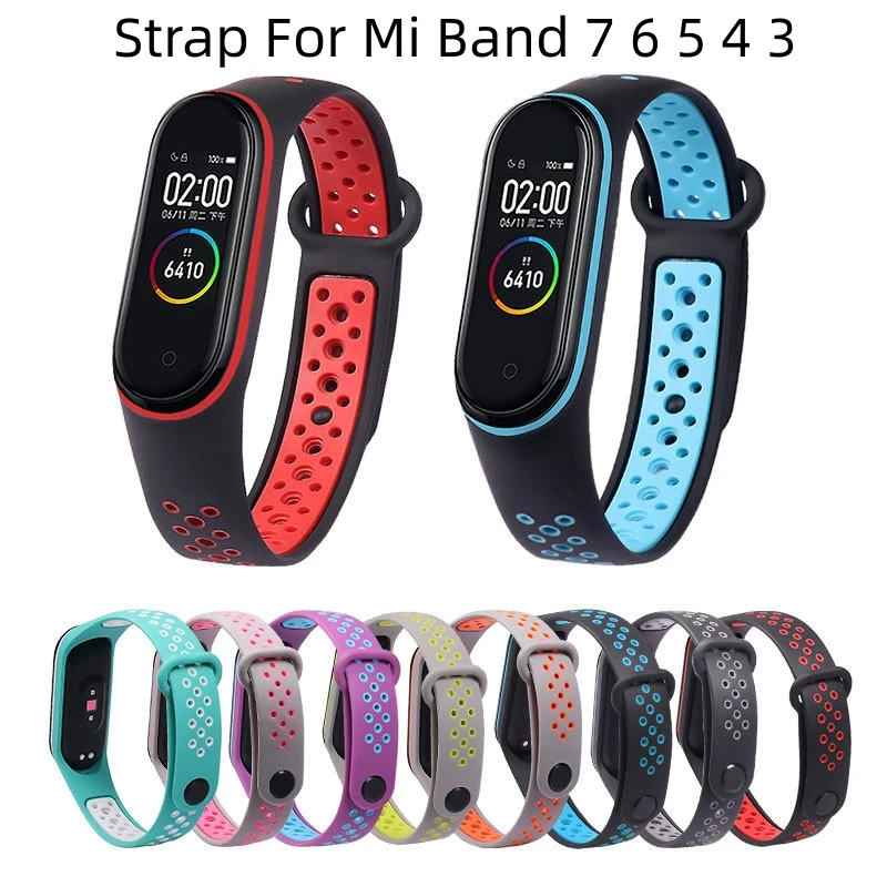 

Breathable Straps for Mi Band 7 6 5 Two-color Wrist Porous Anti-sweat Sport Silicone Strap Buckle Replacement Xiaomi 3 4 Strap