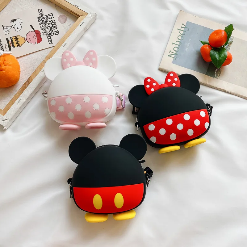 

16cm Disney Anime Mickey Minnie Mouse pink Minnie Bag Cute Silicone Bag Diagonal bag Coin Purse Storage bag Toy for Kids Gift