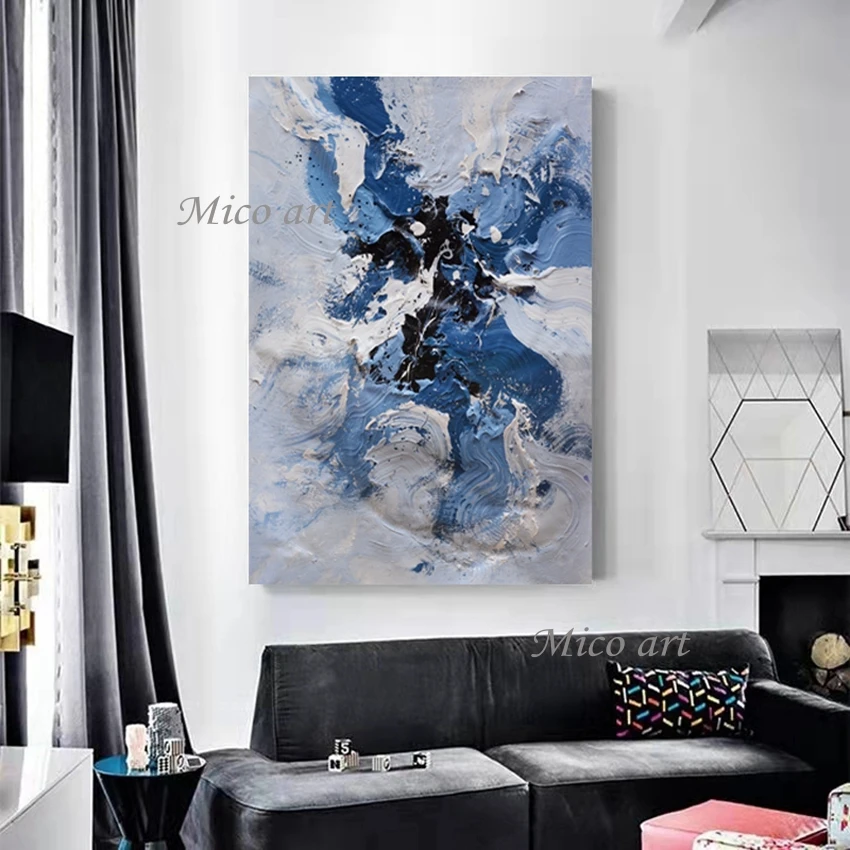 

Art Canvas Thick Acrylic Design Picture Unframed Large Size Abstract Blue White Knife Oil Paintings For Living Room Wall Decor