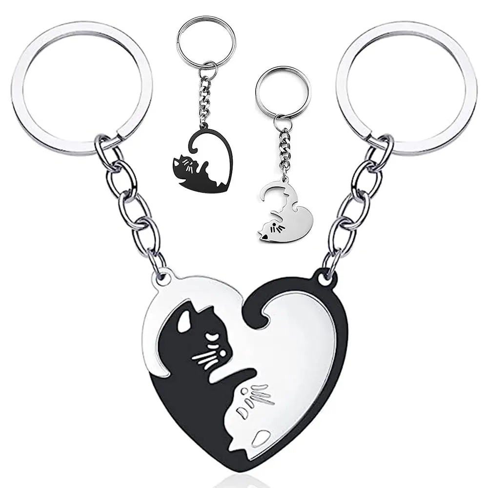 

1Pair Puzzle Cat Keychain Couple Lover Animal Matching Keyring Pendant Valentine's Day Gift Stainless Steel Love Heart Key Chain