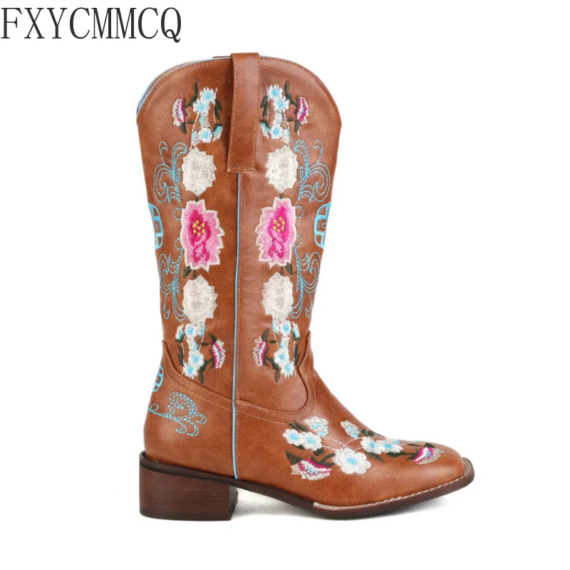 FXYCMMCQ 2022 Autumn/Winter New Embroidered Embroidered Square Head Mid-tube Women's Boots Retro All-match Women's Shoes 88-18
