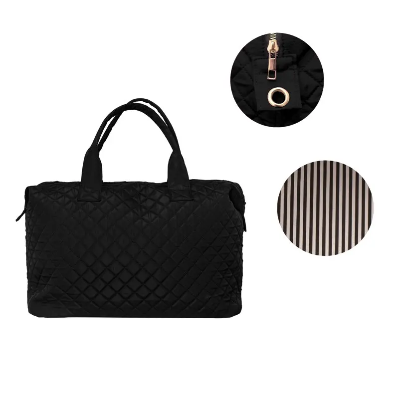 Black Nylon Checkered Pattern Travel Duffle Tote Bag for Women