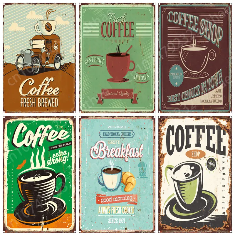 

Fresh Brewed Coffee Metal Tin Signs Vintage Posters Kitchen Plate Home Bar Office Plaques Cafe Living Room Art Wall Decoration