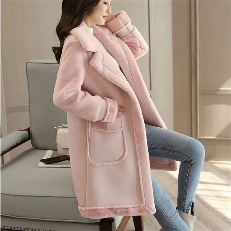 2022 Winter Warm Coat Plush Thick Lamb Wool Coat Women's Mid-Long Thick Velvet Loose Deerskin Plush Fur Coat Female Warm Jackets