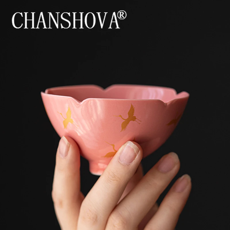 

CHANSHOVA 60ml Flying crane pattern Petal mouth Pink Chinese Style Tea cup Ceramic Teacup Coffee cup China Porcelain Tea bowl