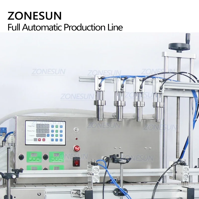Фото Автоматическая линия ZONESUN ZS-FAL180C10 с 4 форсунками для розлива напитков, молока, геля, жидкостей, укупорки и этикетирования круглых бутылок №1