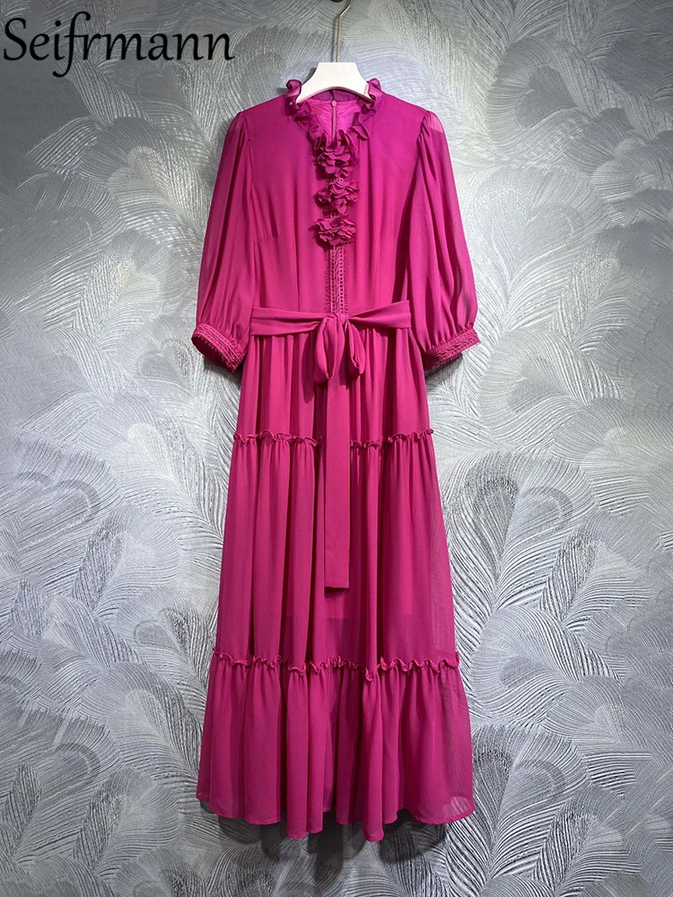 

Seifrmann High Quality Summer Women Fashion Designer Long Dress Bow Belt Lantern Long Sleeve Shirring Ruffles Trim Solid Dresses