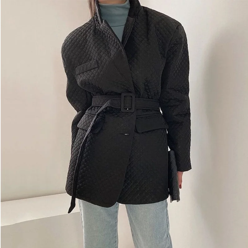 Autumn and Winter  2021  Women Jacket Retro Lapel Three-dimensional Geometric Diamond Loose Suit Cotton Lining Jacket with Belt