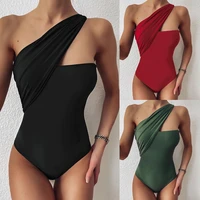 sexy one shoulder one piece bikini solid black swimsuit bandage swimwear bodysuits female bathers bandeau monokini women 2021