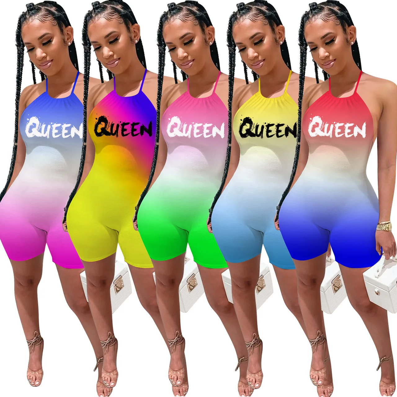 

Oluolin 2021, женские комбинезоны с градиентными буквами, пикантные облегающие комбинезоны с открытой спиной, обтягивающие летние пляжные вечер...
