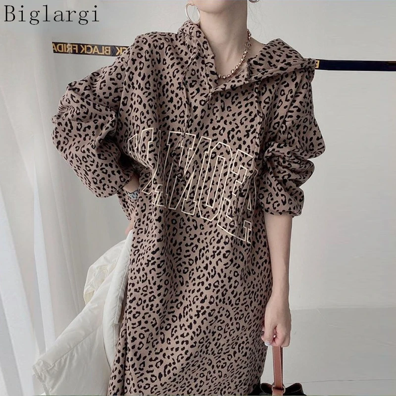 

Leopard Hoodie Dress Women Korean Spring Plaid Ladies Dresses Hooded Woman Casual Long Sleeve Vintage Dress 2022