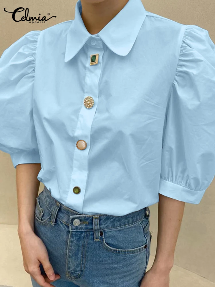 

Celmia Fashion Shirt 2022 Summer Women Elegant Puff Short Sleeve Party Blouse Casual Lapel Solid Tunic Tops Buttons Loose Blusas
