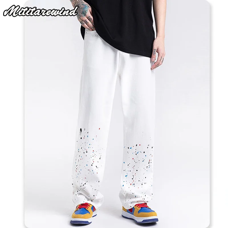 

Джинсы-багги в полную длину с широкими штанинами, повседневные брюки из денима в американском стиле ретро, с принтом брызг-чернил, свободные прямые Универсальные мужские брюки