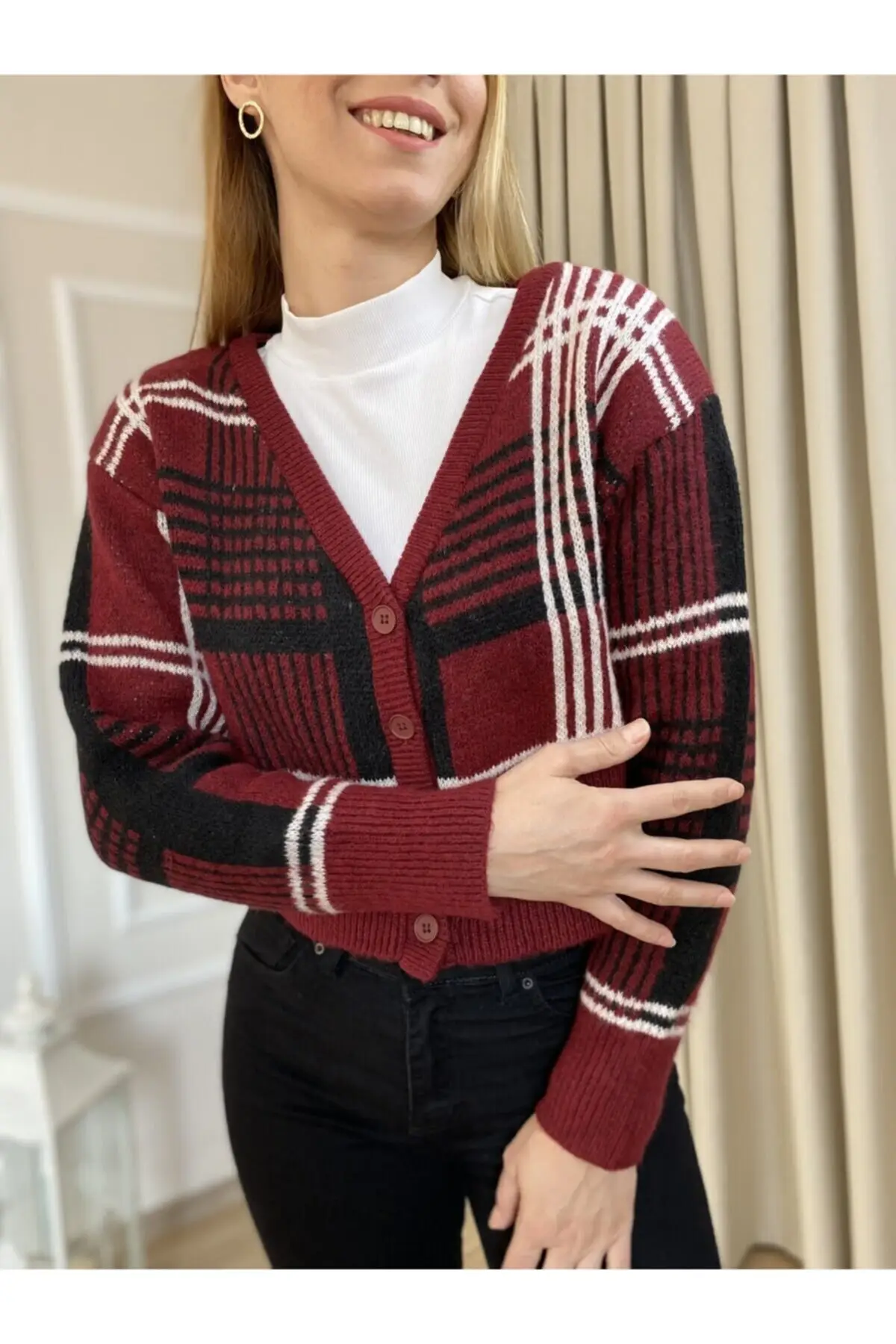 

Women's Cardigan Burgundy Striped Crop Casual Knitted Quality Fashion Cardigan Sweaters Loose Sweater Jumper