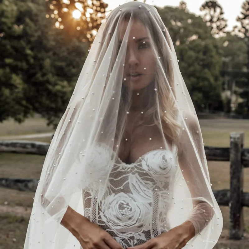 Фото TOPQUEEN V114 Жемчужная свадебная фата, двухслойные румяна Velo De Novias, свадебные аксессуары для собора, настраиваемые №1