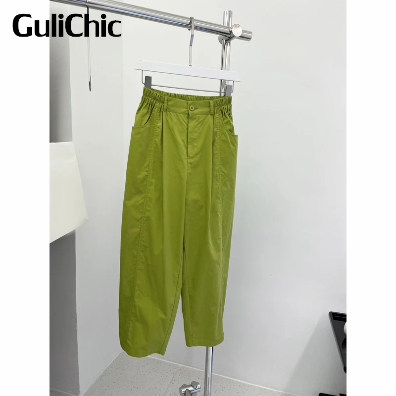 4.10 GuliChic Casual Comfortable Elastic Waist Solid Color Draped Straight Pants Women