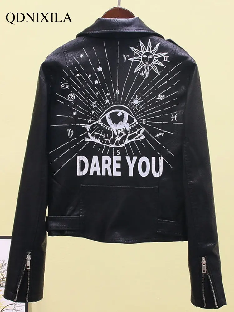 Women's Leather Jacket 2023 New Outerwear Asymmetric Zip Leather Jackets Print Rivet Rock Women's Moto Biker Zipper Jacket