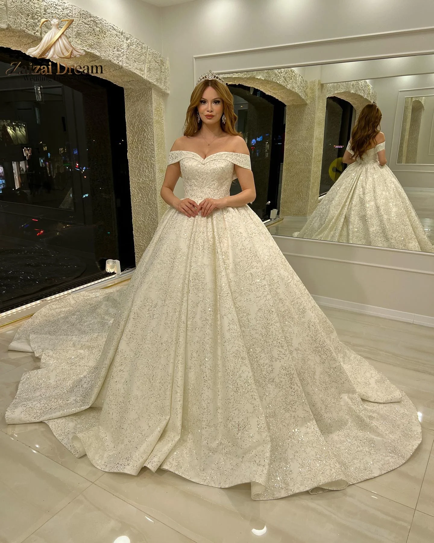 Фото Индивидуальное роскошное сверкающее свадебное платье с открытыми плечами, бальное платье принцессы, свадебное платье с блестками, Vestido De Novia №2