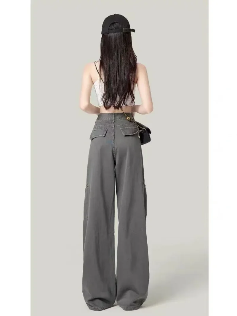 Серые брюки-карго в американском стиле с высокой талией свободные прямые