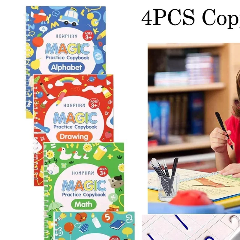 

4 Books Reusable Book Sets Children Print Hand Writing Books Customized Calligraphy Tracing Magic Practice Copybooks Notebooks|C