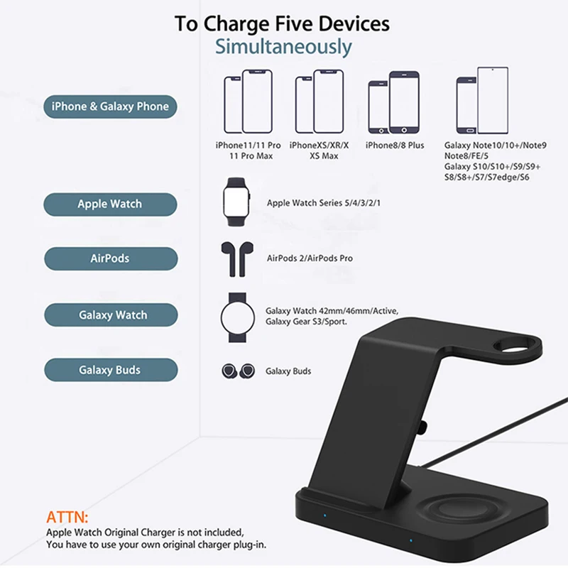 Фото Станция беспроводной зарядки 5-в-1 для iPhone 11 12 13 14 Plus Pro Max XS Max для Apple Watch 5 4 3 2 подставка для быстрой беспроводной зарядки №5