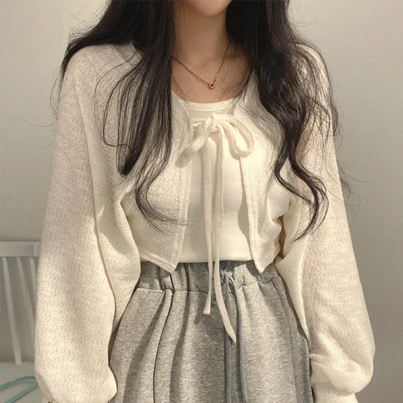 Белый вязаный кардиган женский летний тонкий солнцезащитный трикотажный топ на