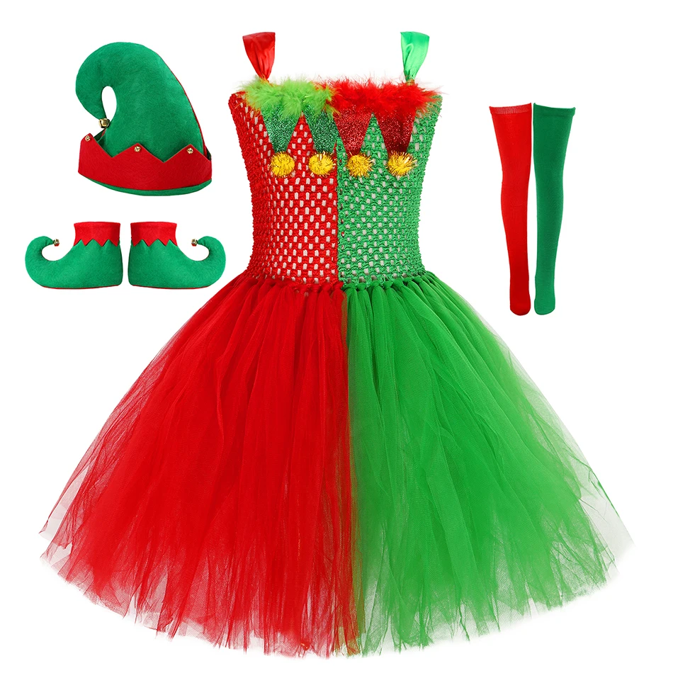Kids Christmas Tutu Dress for Girl Green Costume Mesh Fluffy Vestidos Xmas Performance Children Clothing New Year Party Outfits