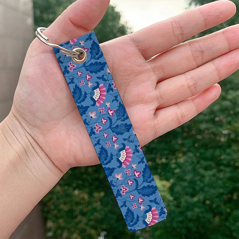 

Floral blue background leather motorcycle Key chain Strap Key rings Hanging Holder Bag Wallet Trinket Keychain Hanging Bag
