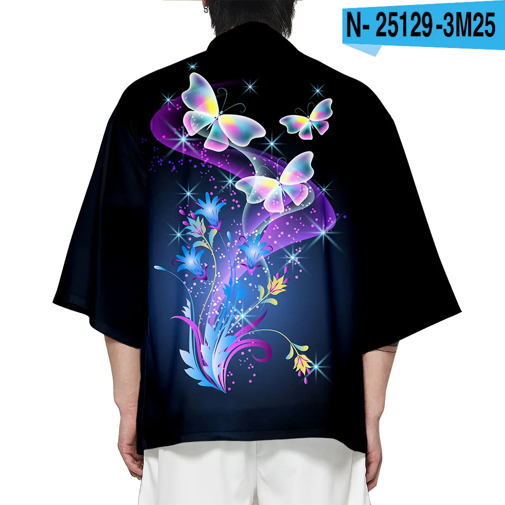 Summer Print Butterfly Men Kimono Sweet Casual Loose Shirts Cardigan Robe Large Size XXS-6XL 3/4 Sleeve Home Bathrobe Jacket