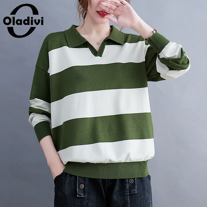 

Oladivi Fashion Autumn Winter New Striped Sweaters Women Casual Loose Knitted Tops Oversized Clothes Autumn Winter Knitwear 2804