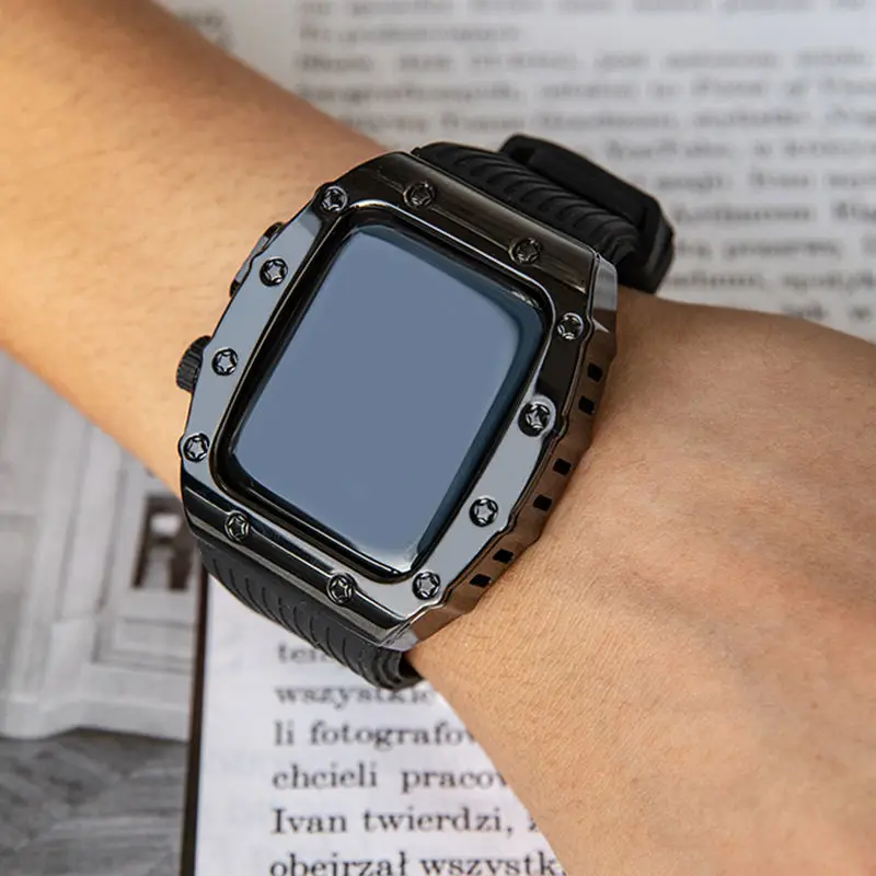 

Ремешок резиновый + металлический чехол для Apple Watch Band 44 мм 45 мм, модифицированный комплект браслета для iWatch Series 7 SE 6 5 4, «сделай сам»