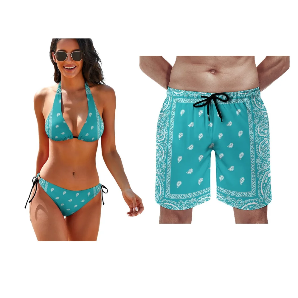 

Hawaiian Casual Vacation Swimsuit Cool Couple Suit Bandana Custom Beach Shorts For Men Sexy Bikini For Women