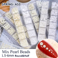 12 Grids Flat Back Half Round White Pearl Kits Multi Size Beads for Home Nails Body Face Makeup DIY Accessory