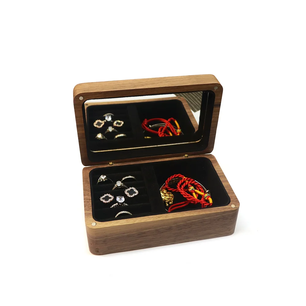 Personalized Name Date Black Walnut Wooden Jewelry Storage Ring Necklace Stud Earrings with Mirror Packaging Display Gift Box