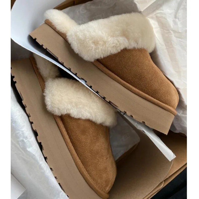 

Winter Brand Plush Cotton Slippers Women Flats Shoes 2022 New Fashion Platform Casual Home Suede Fur Warm Slingback Flip Flops